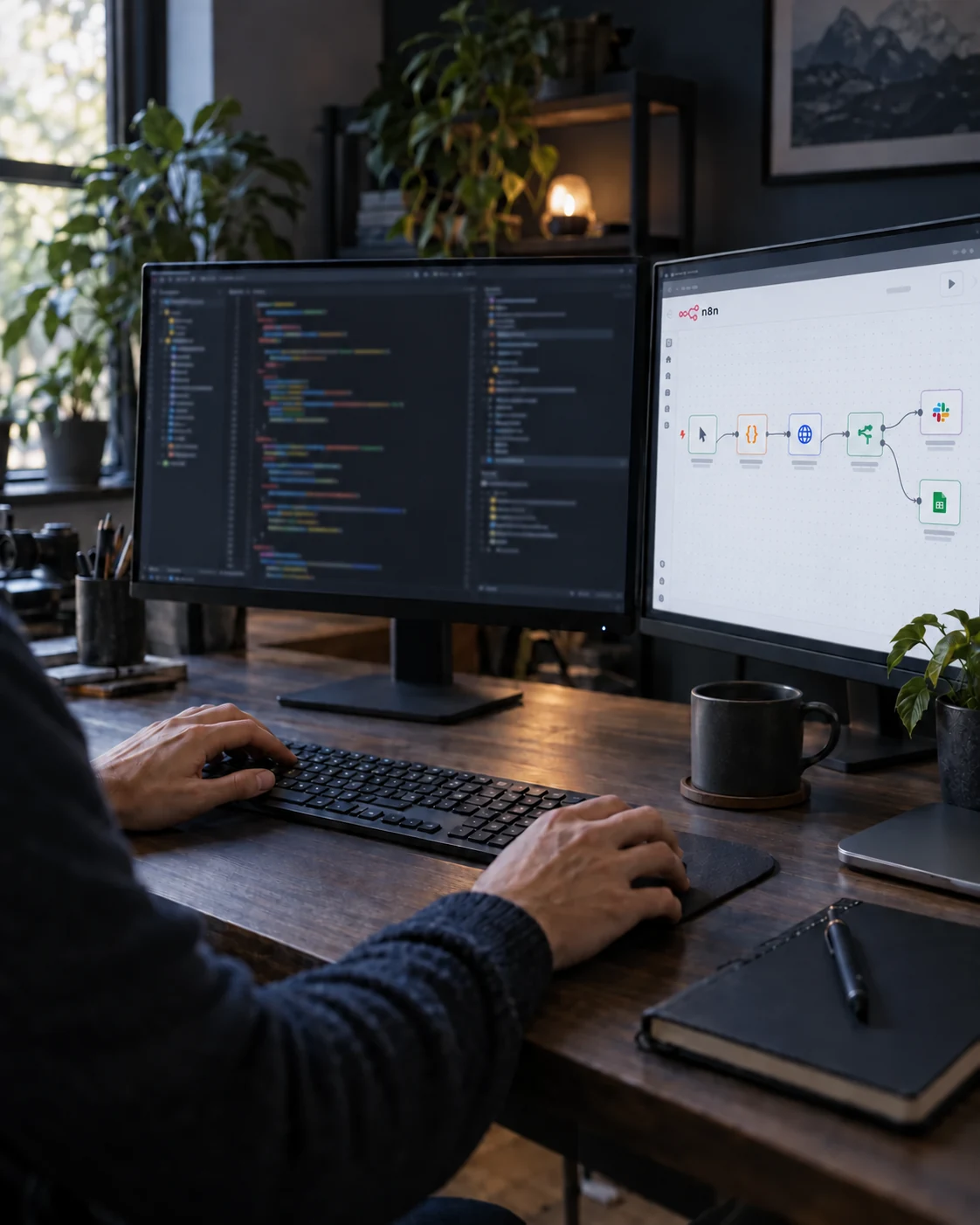 Entwickler-Arbeitsplatz mit unscharfem Code und einem n8n-Workflow auf dem zweiten Monitor